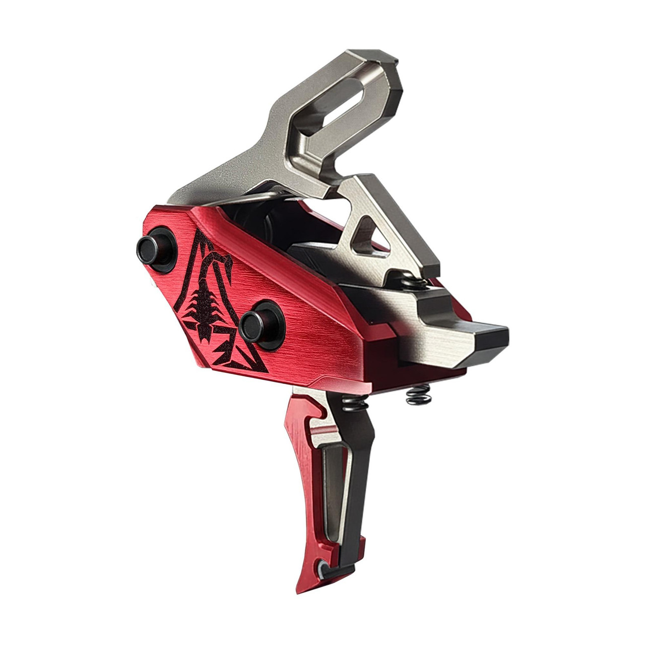 Rise Armament RISE REV 535 SILVR/RED CRVD/FLT BLDS, tactical firearm part with a red and silver finish featuring a scorpion graphic, precision machined design for firearm enhancement.