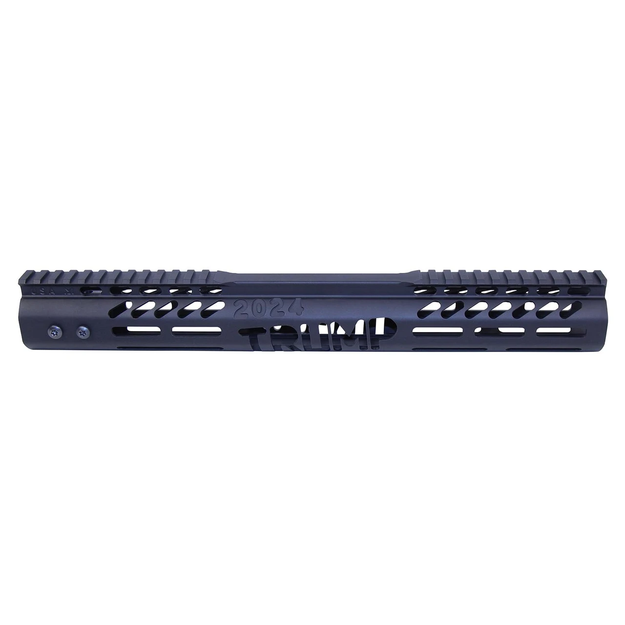 Guntec USA AR .308 Cal 15″ “Trump Series” Limited Edition M-LOK System Free Floating Handguard With Monolithic Top Rail (Anodized Black), black handguard shown from the side with a full-length Picatinny top rail, M-LOK slots, and “2024” and “Trump” engravings.