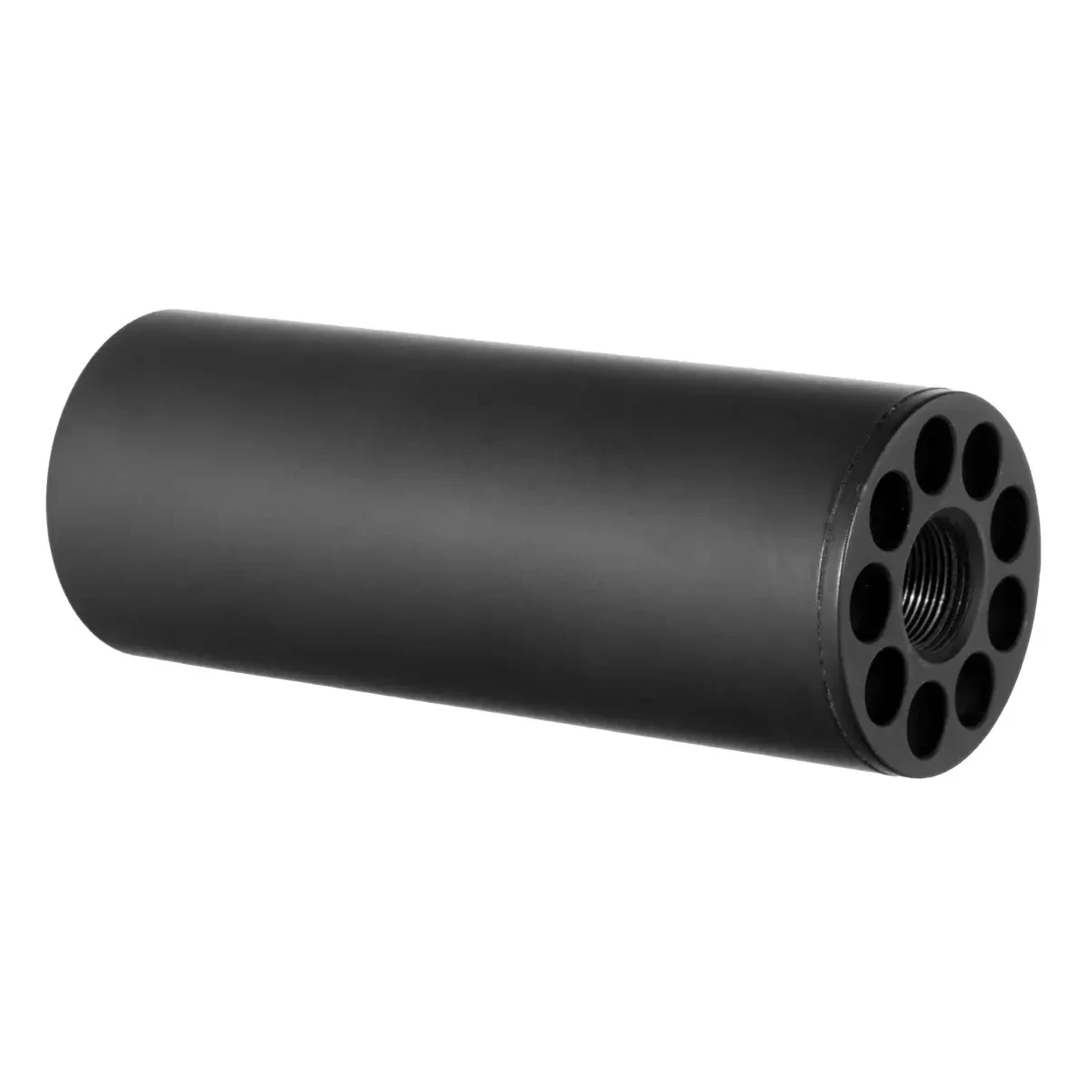 Witt Machine & Tool Co Freakin45 .45 Caliber Suppressor – 4-Inch Ultra-Compact, 416 Stainless Steel, Graphite Black Cerakote, .578x28, black cylindrical suppressor shown at an angle with its threaded end cap and circular ports visible