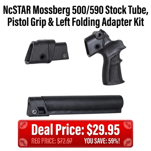 NcSTAR Mossberg 500/590 Stock Tube, Pistol Grip & Left Folding Adapter Kit, black tactical rifle accessories including stock tube, pistol grip with textured grip, and a folding adapter for Mossberg shotguns.