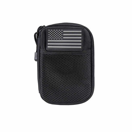 NcStar NcSTAR CVAP3006B Molle Utility Pouch With U.S. Patch, black tactical pouch with American flag patch, designed for military and outdoor use.