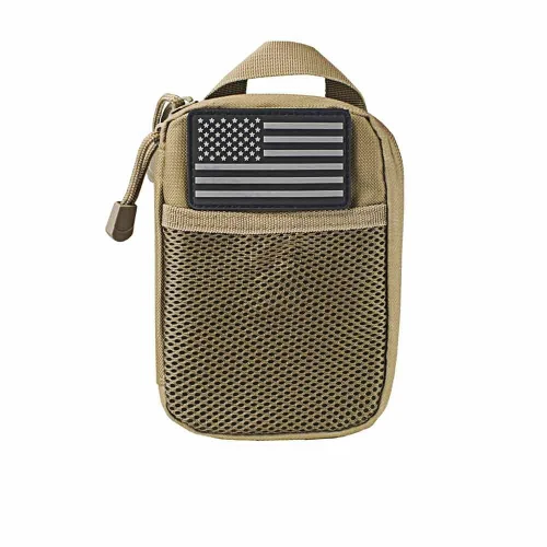 NcStar NcSTAR CVAP3006T Molle Utility Pouch With U.S. Patch, tactical beige pouch with American flag patch and mesh front pocket.