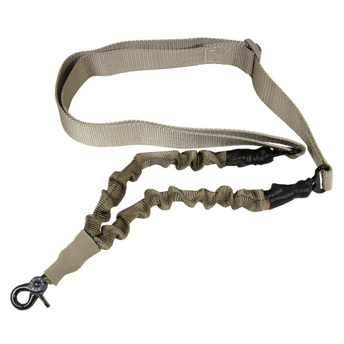 Guntec USA 1POINT-T One Point Bungee Sling With QD Snap Hook in Desert Tan, adjustable tan nylon strap with quick detach hook and bungee cord for firearm carrying and security.