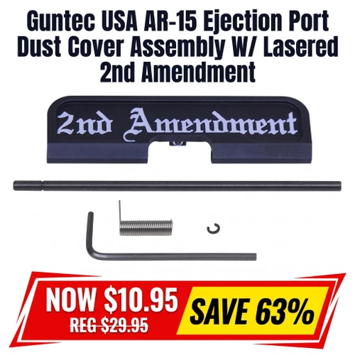 Guntec USA 223GATE-G3-2AMD 223/5.56 Rifle Ejection Port Dust Cover Assembly (Gen 3) (W/ Lasered 2nd Amendment) (Anodized Black), black AR-15 dust cover with laser-engraved “2nd Amendment” lettering shown with its included rod, spring, clip, and installation tool.