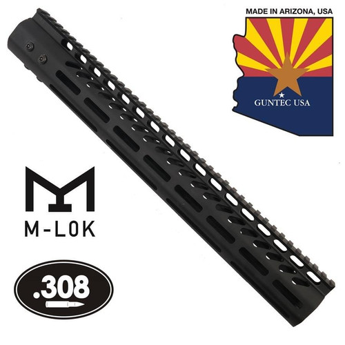  Guntec USA GT-15MLK-308 15" Ultra Lightweight Thin M-LOK System Free Floating Handguard With Monolithic Top Rail (.308 Cal) (Anodized Black) 