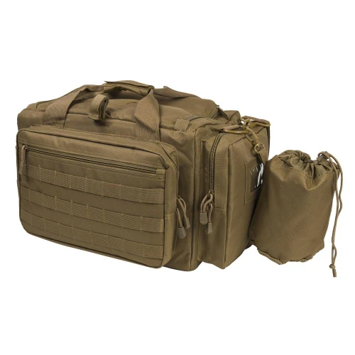 NcStar NcSTAR CVCRB2950T Competition Range Bag, khaki-colored tactical bag with multiple compartments and pouches, includes a smaller drawstring bag attached to the side for shooting accessories and gear storage.