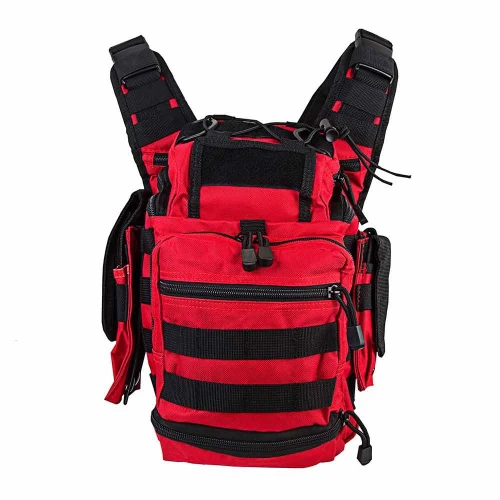 NcStar NcSTAR CVFRB2918R PVC First Responders Utility Bag, a red and black tactical emergency response backpack with multiple compartments and adjustable straps.