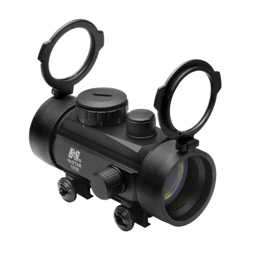 NcStar NcSTAR DBB130 1X30 B-Style Red Dot Sight / Weaver Base, tactical sight with adjustable knobs and protective lens covers for firearms.