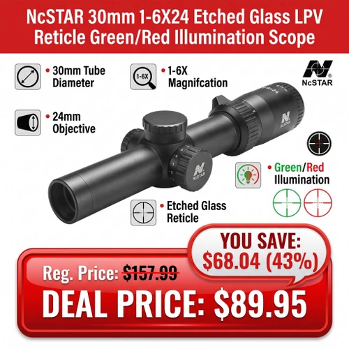 NcStar NcSTAR SEEFL1624G 30mm 1-6X24 Etched Glass LPV Reticle Green/Red Illumination Scope, black riflescope mounted on a firearm with detailed specifications highlighting 30mm tube diameter, 1-6X magnification, 24mm objective, etched glass reticle, and green/red illumination.