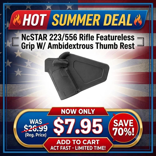 Product NcSTAR VAGPARCAM2 223/556 Featureless Grip W/ Ambidextrous Thumb Rest, a black rifle grip with textured surface and thumb rest, suitable for AR-15 style firearms.