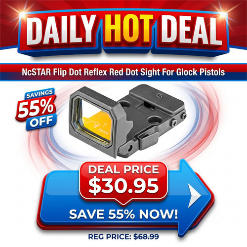 NcSTAR VDFLIPGLOM2 Flip Dot Reflex Red Dot Sight For Glock Pistols, close-up of the compact black red dot sight with yellow lens.