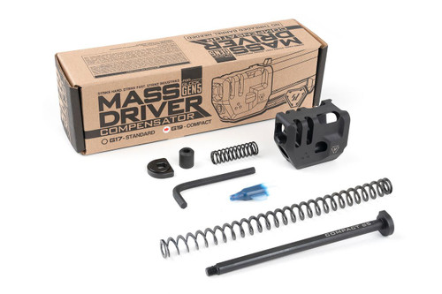 Strike Industries SI-G5-MDCOMP-C G5 Mass Driver Comp - Compact for Glock 19, black tactical firearm compensator and parts kit with mounting hardware and springs.