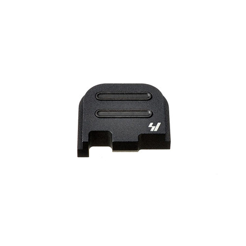 Strike Industries SI-GSP-G43-V2-BK Slide Plate for Glock G43 V2, black slide plate for Glock pistol with two ridges and white logo.