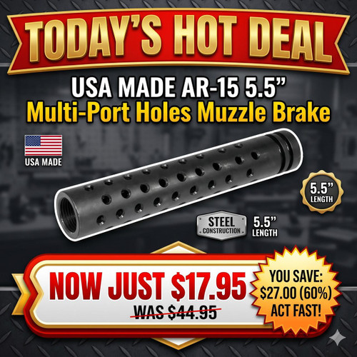 Guntec USA 5.5HOLES 5.5-inch Multi-Port Holes Muzzle Brake for 223/556/22LR, black steel construction with 1/2x28 TPI threading, showcased on auction-style promotional graphic.