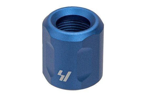 Strike Industries SI-BCTP-BLU Barrel Thread Protector (1/2-28 TPI) in Blue, cylindrical metal firearm accessory with internal threading and a blue anodized finish.