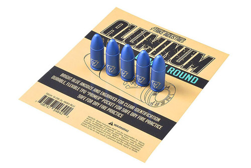 Strike Industries SI-DR-AL-9MM-BLU Aluminum Dummy Rounds - 9mm - 5pcs/pk, image of five blue aluminum dummy rounds on packaging with branding and product details.