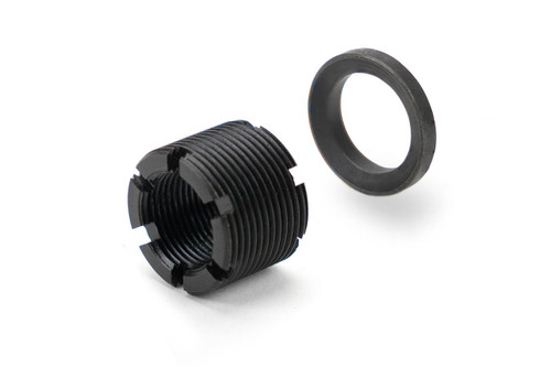 Strike Industries SI-XCOMP-ADA-1/2-28  X-Comp Thread Adapter Kit, black threaded adapter and washer for firearm accessories with 1/2-inch-28 TPI and M18x1 RH threading.