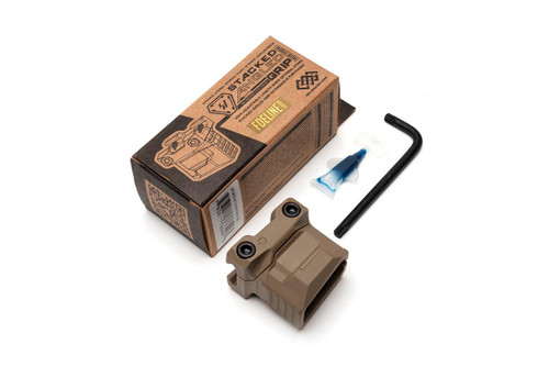 Strike Industries SI-AR-CMS-PSAF-FDE Stacked Angled Grip with Cable Management System (Picatinny) in FDE, unpackaged with box, grip, Allen wrench, lubricant, and mounting hardware.
