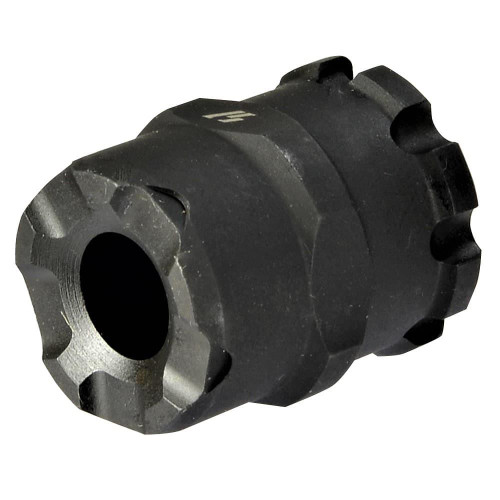 Strike Industries SI-XCOMP-TP X-Comp Thread Protector for CZ Scorpion, black metal threaded muzzle device with jagged edges.