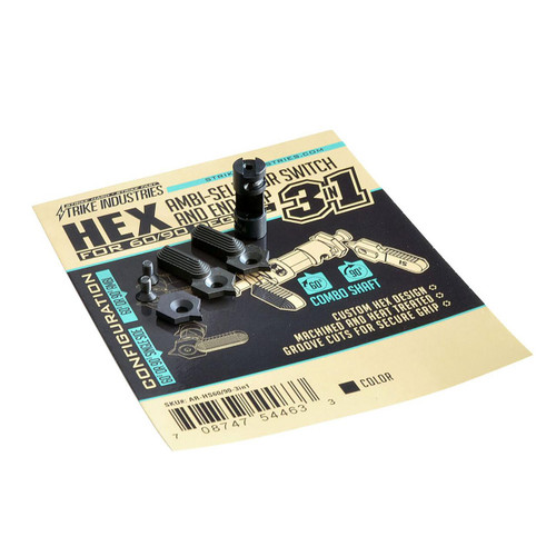 Strike Industries SI-AR-HS60/90-3IN1 HEX-60/90 degree Selector Switch and End-Cap, black hex switch and end-caps on display card with product description and barcode.
