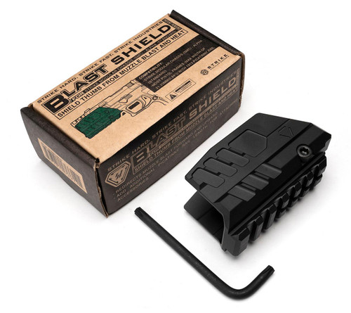 Strike Industries SI-SMC-BS-S Blast Shield for Modular Chassis (SMC) - ALPHA (Standard), black blast shield with mounting hardware and packaging.