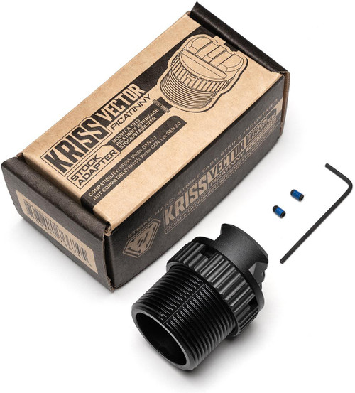 Strike Industries SI-KV-PSA-BK KRISS Vector Picatinny Stock Adapter, black metal stock adapter hardware with screws and an Allen wrench, in packaging.