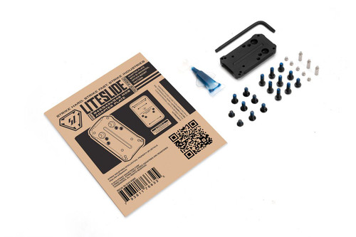 Strike Industries SI-G43-RMR LITESLIDE for G43 MRDS Adaptor Plate, firearm accessory components and installation hardware on white background.