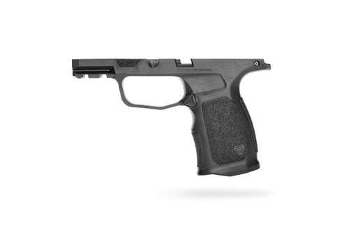 Strike Industries SI-SEGM-P365-BK Enhanced Grip Module for the SIG SAUER P365 in Black, showing a close-up of the black textured pistol grip and frame.