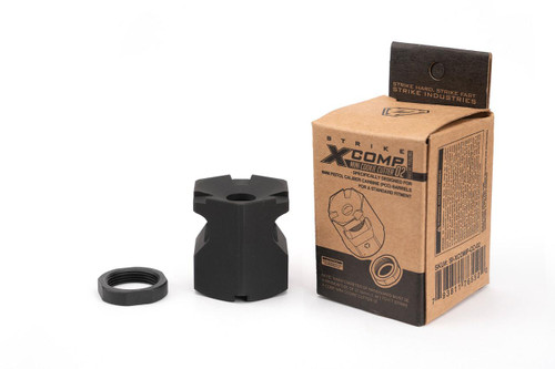 Strike Industries SI-XCOMP-CC-02 X-Comp Mini Cookie Cutter 02 for CZ Scorpion, a compact black cylindrical cookie cutter with adjustable insert and a ring, displayed next to its packaging box.