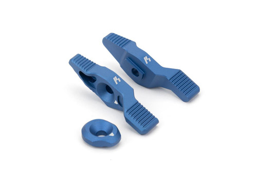 Strike Industries SI-AR-S-SS-BLU Selector Switch in Blue, two aluminum selector switch components with textured grip and a small hex nut.