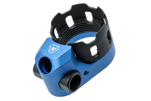 Strike Industries SI-AR-TRIBUS-BLU TRIBUS Enhanced Castle Nut & Extended End Plate Version 2 in Blue, a firearm accessory with a blue anodized finish and black compatibilities for AR-15 rifles.