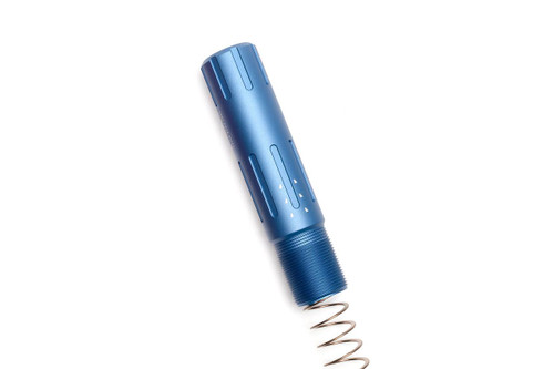Strike Industries SI-AR-SPRE-SLICK-BLU AR Short Pistol Receiver Extension Buffer Tube in Blue, with a metallic blue finish and a factory spring at the bottom.