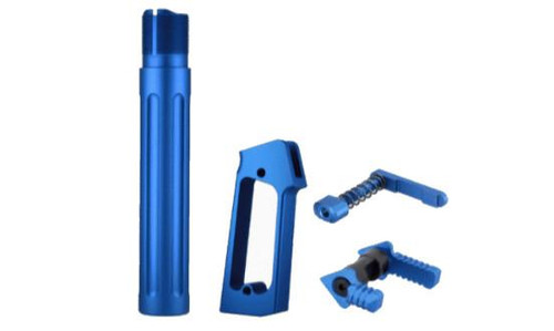  JE Machine Tech USA Made Blue Fluted Pistol Length Buffer Tube, Pistol Grip, Safety Selector, Mag Release Combo 