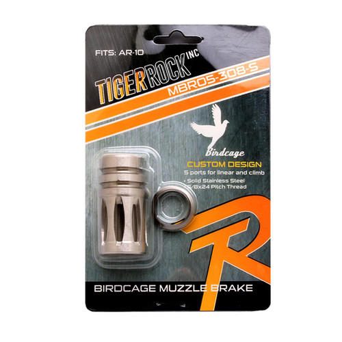 Tiger Rock Inc MBR05-308-S# Tiger Rock Inc. MBR05-308-S# AR-10/LR-308 Birdcage Muzzle Brake for 5/8"x24 Pitch - 5 Ports - Silver - Packaged MBR05-308-S#