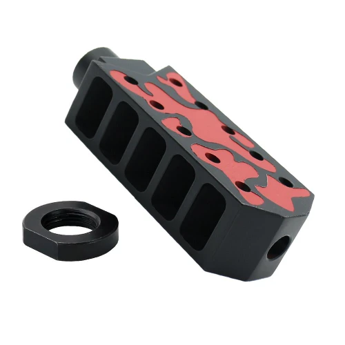 Tiger Rock Inc MBR62LONG-RED-CAM+JN2 Tiger Rock Inc. MBR62LONG-RED-CAM+JN2 CERAKOTE CAMO| AR-15/.223/5.56 Barrett Style "Tanker" Extended Length Muzzle Brake with Jam Nut| Black and Red MBR62LONG-RED-CAM+JN2