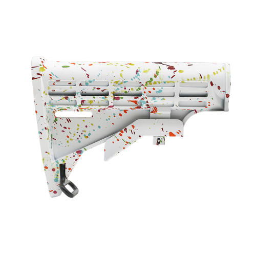  Tiger Rock Inc. ST003M-WHI-SPLATTER  CERAKOTE SPLATTER| AR-15 Collapsible Standard Version Stock Body-Mil Spec- BASE BRIGHT WHITE- PATTERN- RGB-RED-PNK-ORG-LEM-ZBG- MADE IN U.S.A 