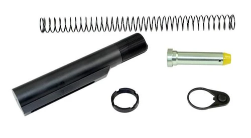 Tiger Rock Inc. ST007 223/5.56 Rifle M4 Six Position Buffer Tube Kit -Commercial, image showing buffer tube, buffer spring, spare buffer, and accessory parts for rifle upgrade.