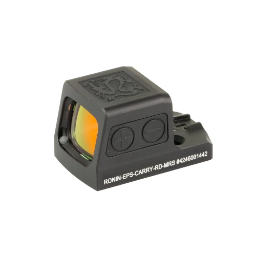 Holosun Technologies Holosun RONIN EPS CARRY Red Dot MRS - Compact Precision Optics for Handguns with MRS Technology, image of a small black red dot sight with a reflective lens and control buttons.