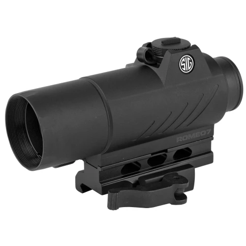 Sig Sauer ROMEO7 1X30MM Red Dot Sight - 2MOA Precision Optics for MSR Platforms, a close-up of the black tactical red dot sight with SIG logo and mounting base.