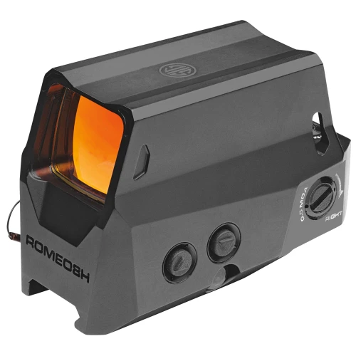 Sig Sauer SOR81001 ROMEO8H 2MOA CIR DOT BLK, a black holographic weapon sight with orange reticle, featuring adjustable brightness and a durable mount.
