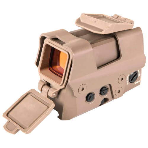 Sig Sauer ROMEO8T 2MOA CIR DOT W/ SHRD FDE, a precision tactical sight with an orange-tinted lens and multiple adjustment controls.