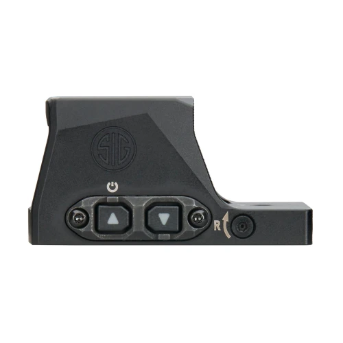 Sig Sauer SORX1300 ROMEO-X Enclosed Pro Circle Dot Sight – Rugged, Reliable Red Dot Optics, close-up view of the sight with control buttons and Sig Sauer logo.