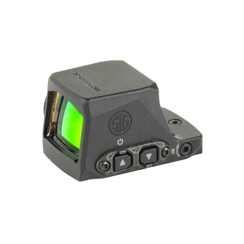Sig Sauer Romeo-X Compact Red Dot Sight SORX1430, a tactical firearm sight with a green illuminated reticle and control buttons for precision aiming and durability.