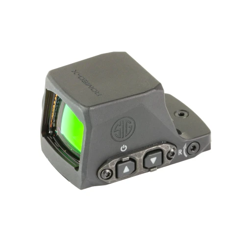 Sig Sauer SORX1460 ROMEO-X Compact 6 MOA Red Dot Sight - Durable & Reliable Optics, compact tactical red dot sight with green illuminated lens, adjustment buttons, and sturdy design for firearms.