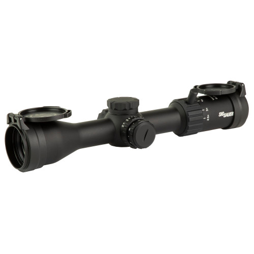 Sig Sauer Whiskey4 2.5-10x42 SFP Scope, a black tactical rifle scope with adjustable lenses and dual flip-up lens covers, designed for precision shooting and tactical use.