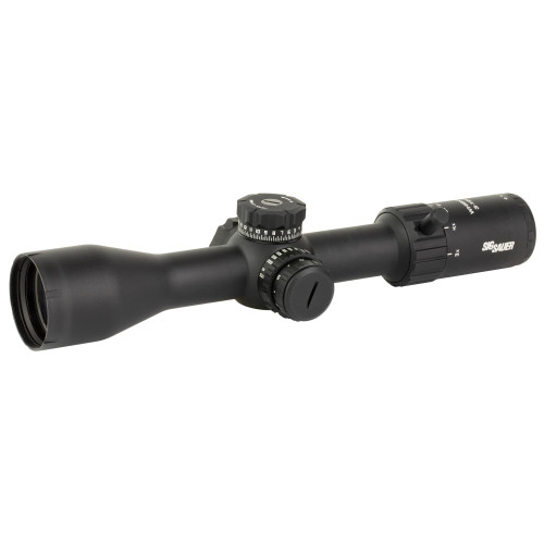 Sig Sauer Whiskey4 3-12x44 SFP IR BDC Scope - Precision, Durability & Clarity, close-up of a black rifle scope with adjustable turrets and lens, designed for accurate aiming and long-range shooting.