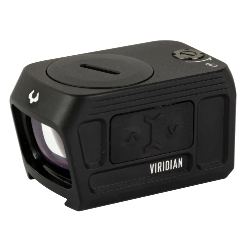 Viridian Weapon Technologies - 981-0053 - Viridian Rfx45 Green W/rmr Adapter, close-up view of compact green laser with RMR adapter on top.