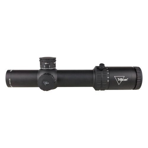 Trijicon Credo 1-10x28 FFP MRAD R/g rifle scope, black outdoor tactical optics.