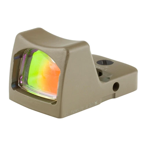 Trijicon RM01-C-700624 - Trijicon Rmr Type 2 3.25 Moa Fde, sight with a tan mounting base and a reflective, multicolored lens for firearm aiming.