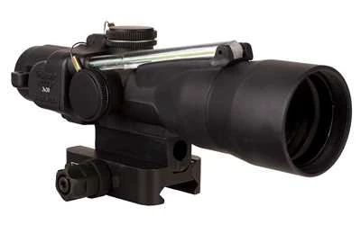 Trijicon TA33-C-400382 ACOG 3x30 Green Crosshair Scope, black 3x30 rifle optic shown at an angle with its mounting base and large objective lens